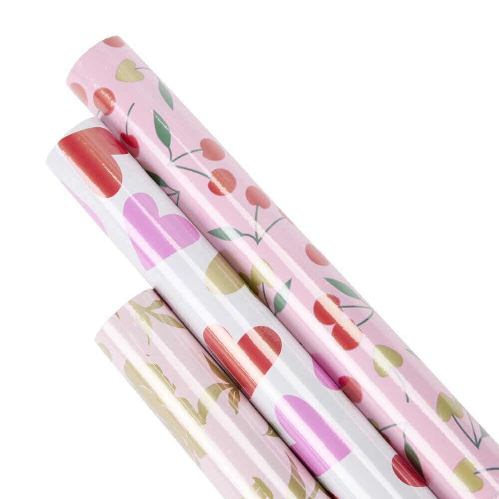 Papier cadeau x3 rouleau 70x200cm avec 10 stickers thème coeur