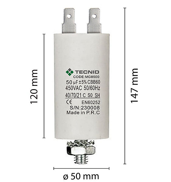 Condensateur de démarrage pour moteurs électriques, 450V, capacité : 50 microfarad, 4 broches / M8