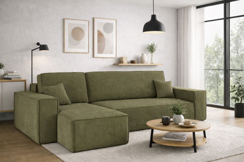 Sofa w kształcie L BEST narożnik, tkanina Poso, Oliwkowy Lewostronny