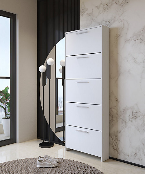 Meuble à chaussures Campania, Meuble à chaussures, Armoire d'entrée polyvalente, Rangement pour chaussures, 69x17h187 cm, Blanc