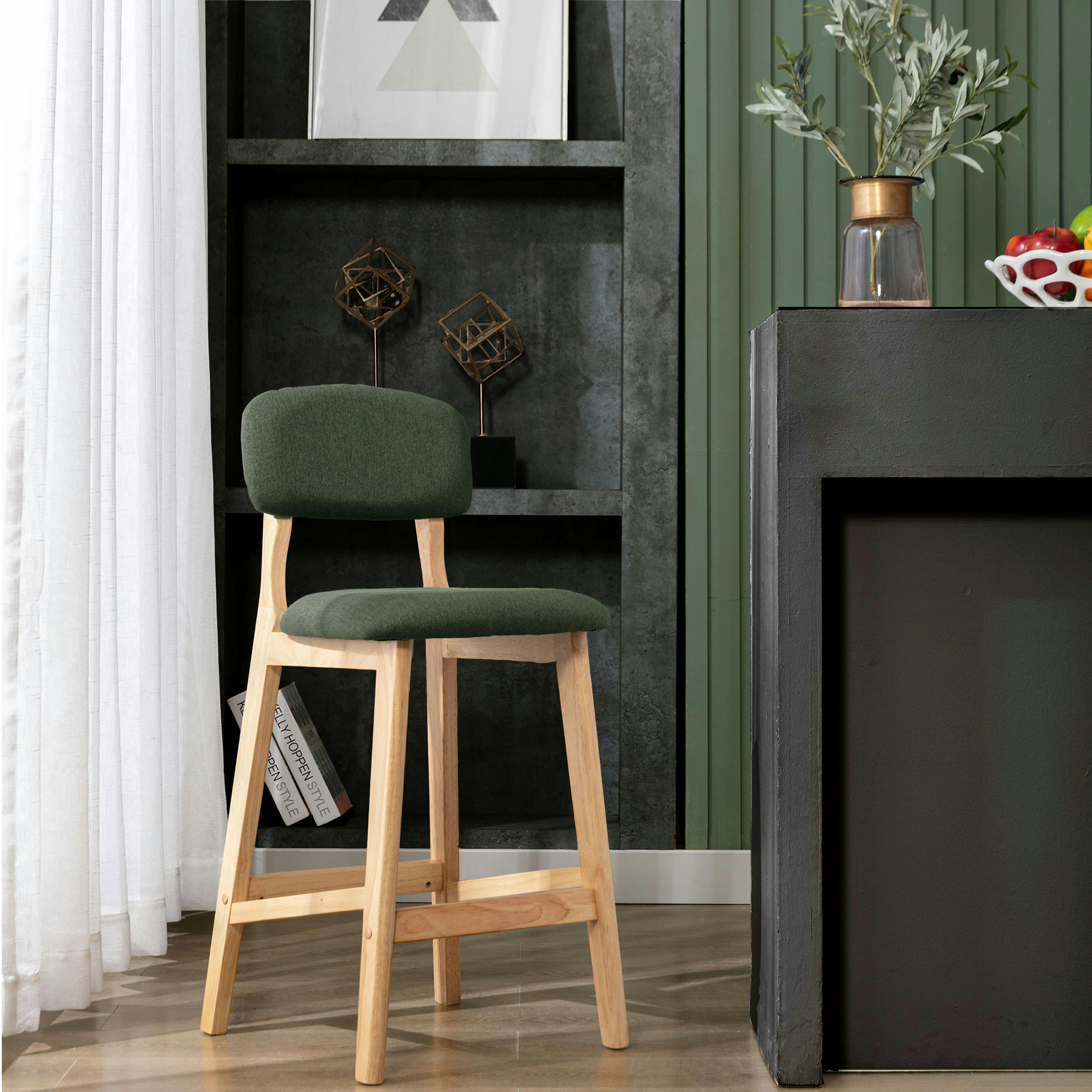 CLIFF - Chaise de bar en tissu Sauge et bois massif(x2)