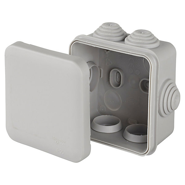 Boîte de dérivation carrée extérieure avec 7 passe-câbles et système de verrouillage 65 x 65 x 45 mm Schneider Electric Mureva Box gris