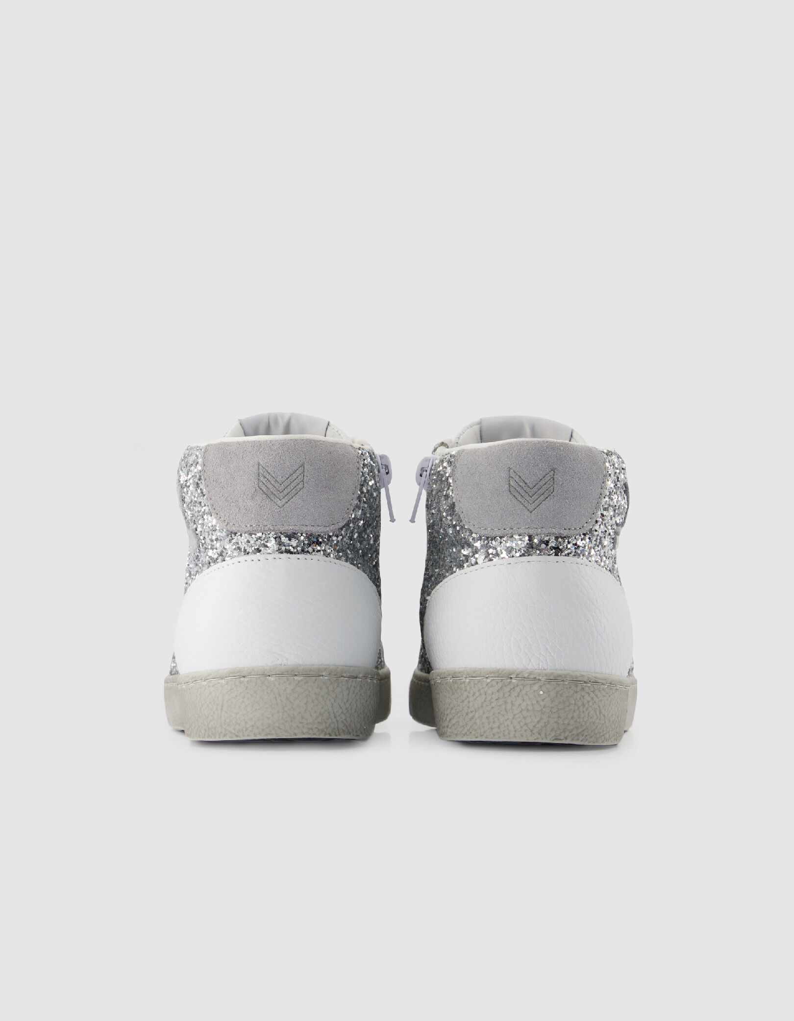 Baskets montantes blanches cuir et paillettes grises Femme