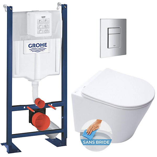 Pack WC Bâti autoportant   WC blanc mat sans bride Infinitio   Abattant frein de chute   Plaque chrome, ProjectInfinitioMat-1