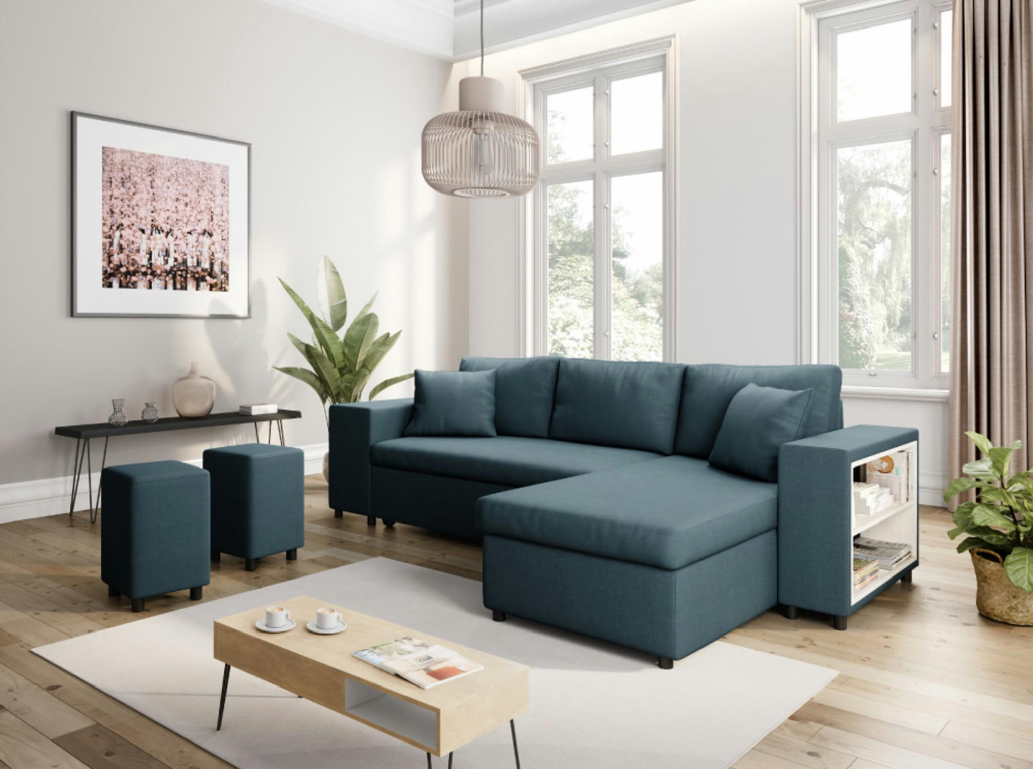 MADY - Canapé d'angle convertible bleu avec rangement poufs à gauche