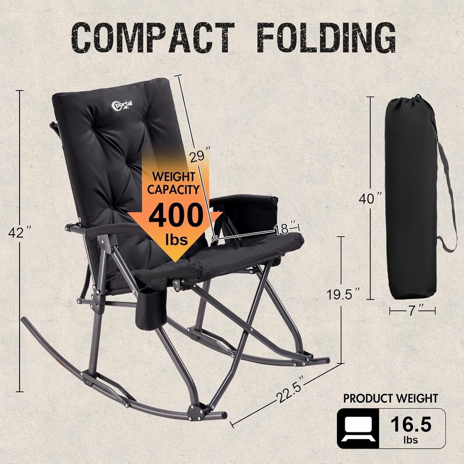 Portal Folding Rocking Camping Chair Outdoor - Thick Padded Rocking Recliner Chair Portable Camping Rocker for Patio Front Porch Backyard Lawn Living Room, Supports 400 LBS