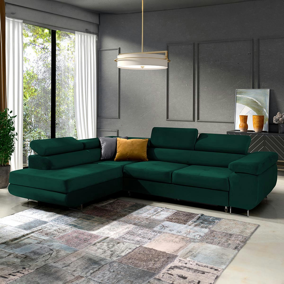 - Canapé d'angle convertible gauche 4 places velours vert