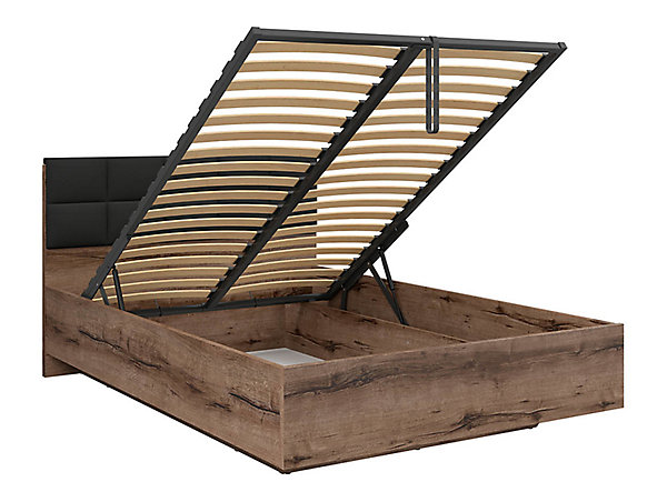 Lit coffre 140x200 avec tête de lit rembourrée noir, sommier et rangement ,coloris Chêne marron foncé