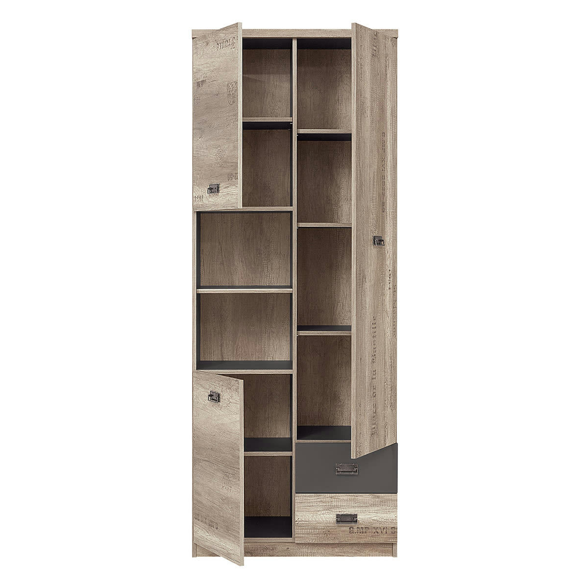 - Bibliothèque 3 portes 2 tiroirs stratifiés naturel et gris