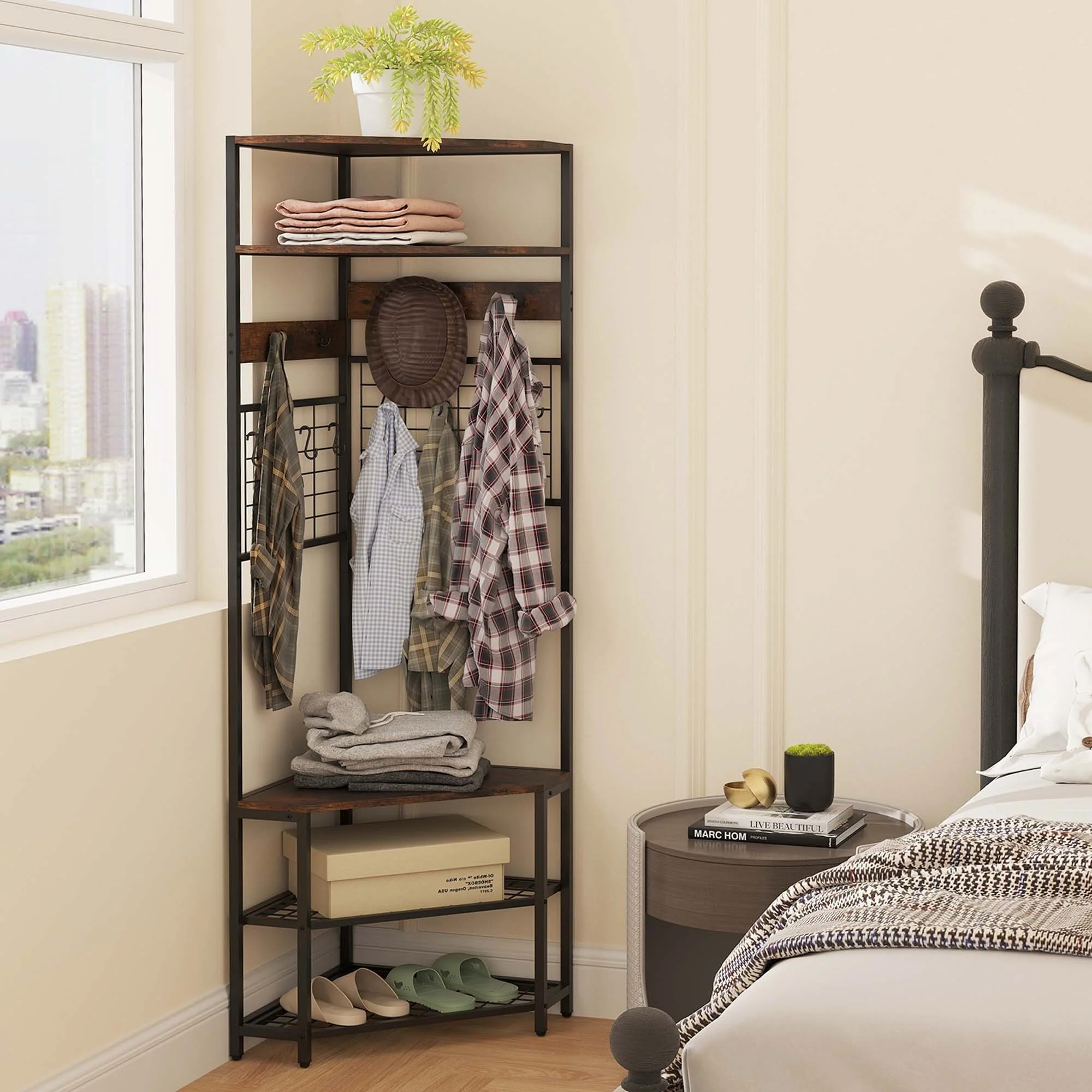 Gymax 5-Tier Corner Hall Tree w/ Shoe Storage Bench 12 Metal Hooks for