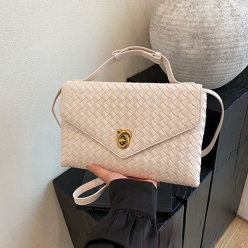 PEACH ACCESSORIES Woven Faux Leather Top Handle Bag with Gold Clasp