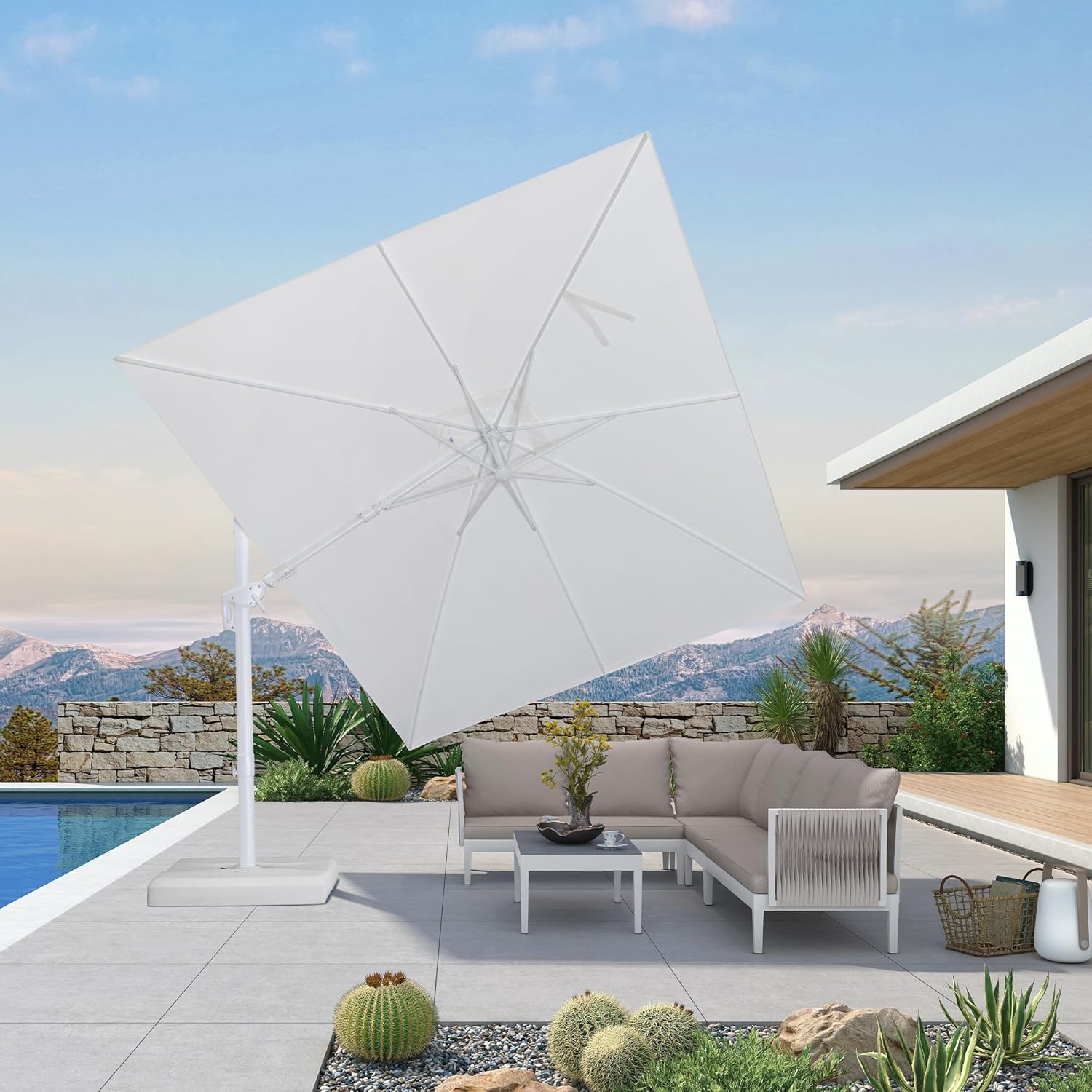 PURPLE LEAF 9' X 12' Right-left Tilt Patio Umbrella Swivel White Cantilever Umbrella with Tilt Aluminum Outdoor Umbrella with 360° Rotation for Deck Pool Garden, White