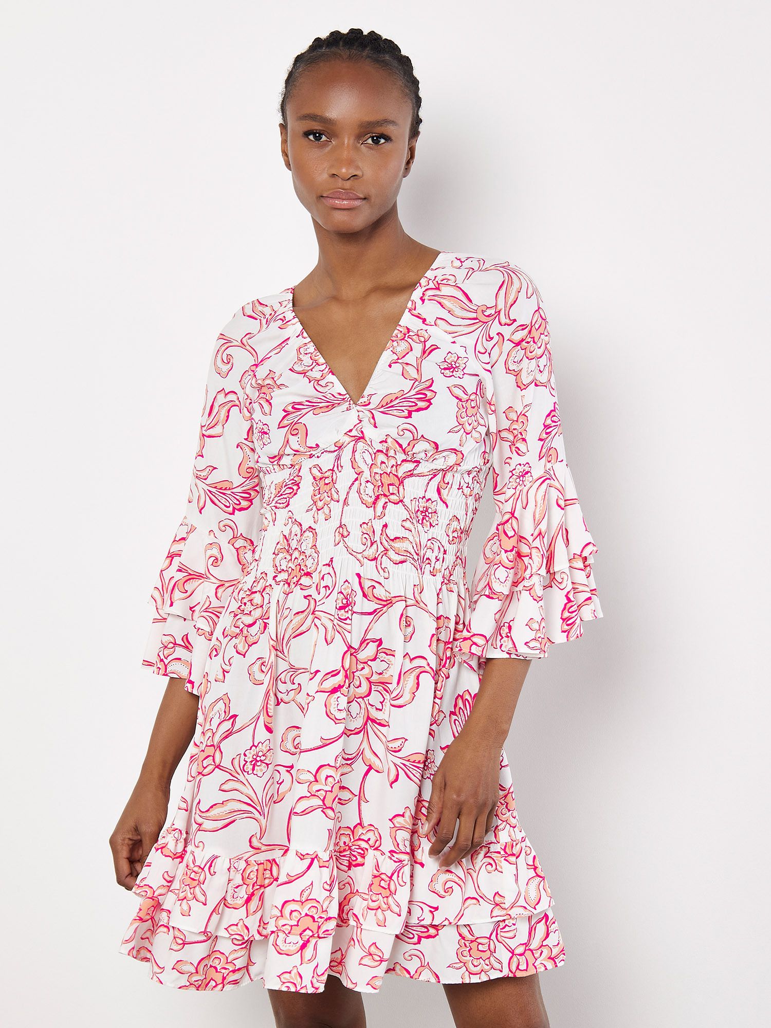 Apricot Floral Smocked Ruffle Mini Dress