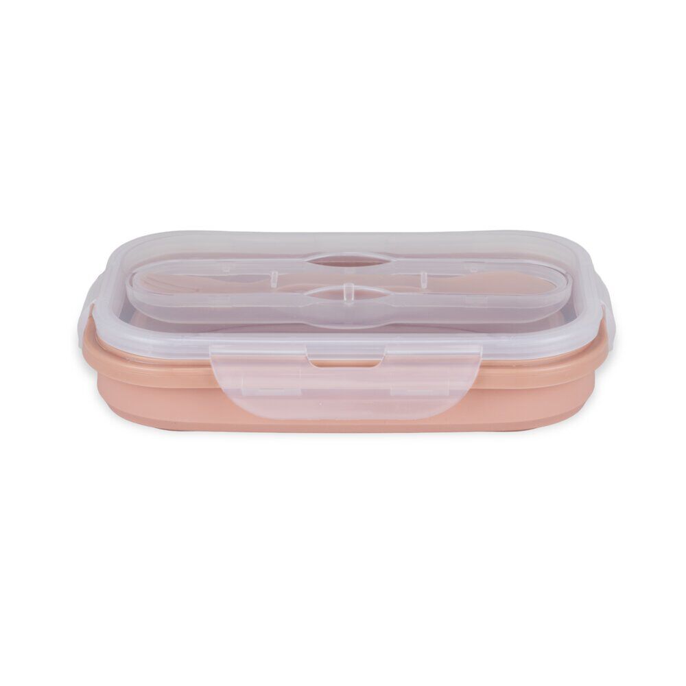 Lunch box rétractable 1L avec couverts silicone et plastique rose 12,5x21xH7,5cm