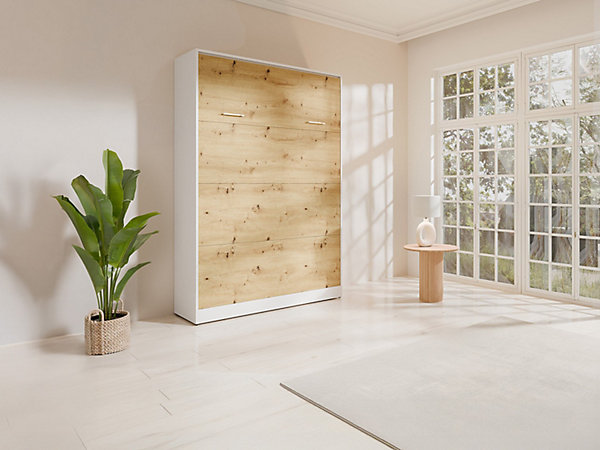 Lit escamotable 140 x 200 cm - Ouverture verticale manuelle - Coloris : Naturel et blanc   Matelas - BEGANIO