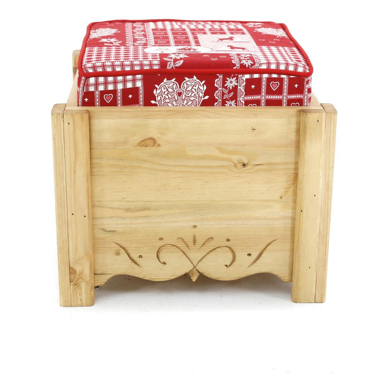 DAHU - Pouf coffre de rangement pin massif sculpté Cervino rouge Aspin
