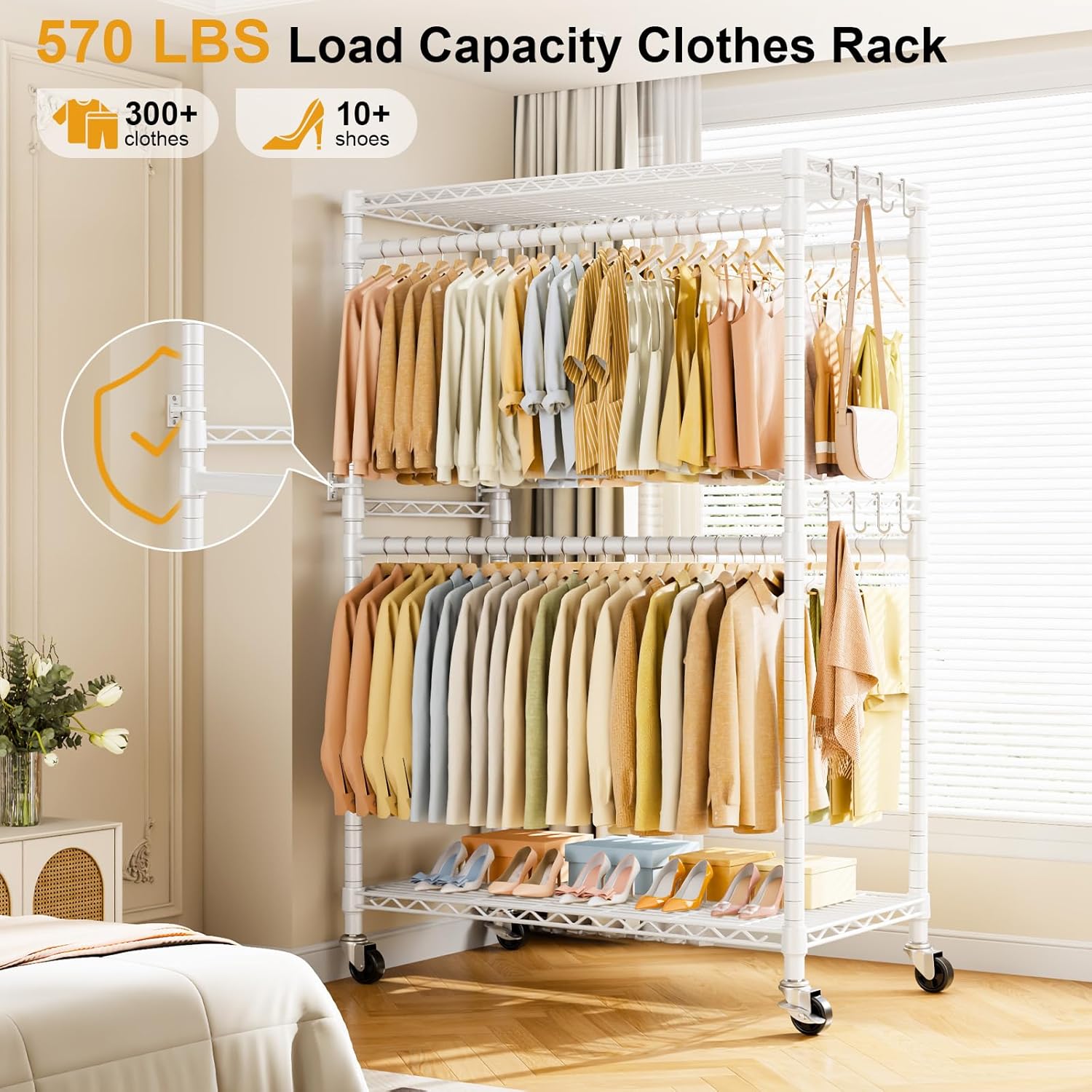 ULIFHOME P4 Plus Rolling Clothes Rack Heavy Duty, Clothing Racks for Hanging Clothes, Free Standing Garment Racks with Wheels, Portable Closet Rack 45''W × 20.5''D × 80.5''H, Max Load 570 Lbs, White