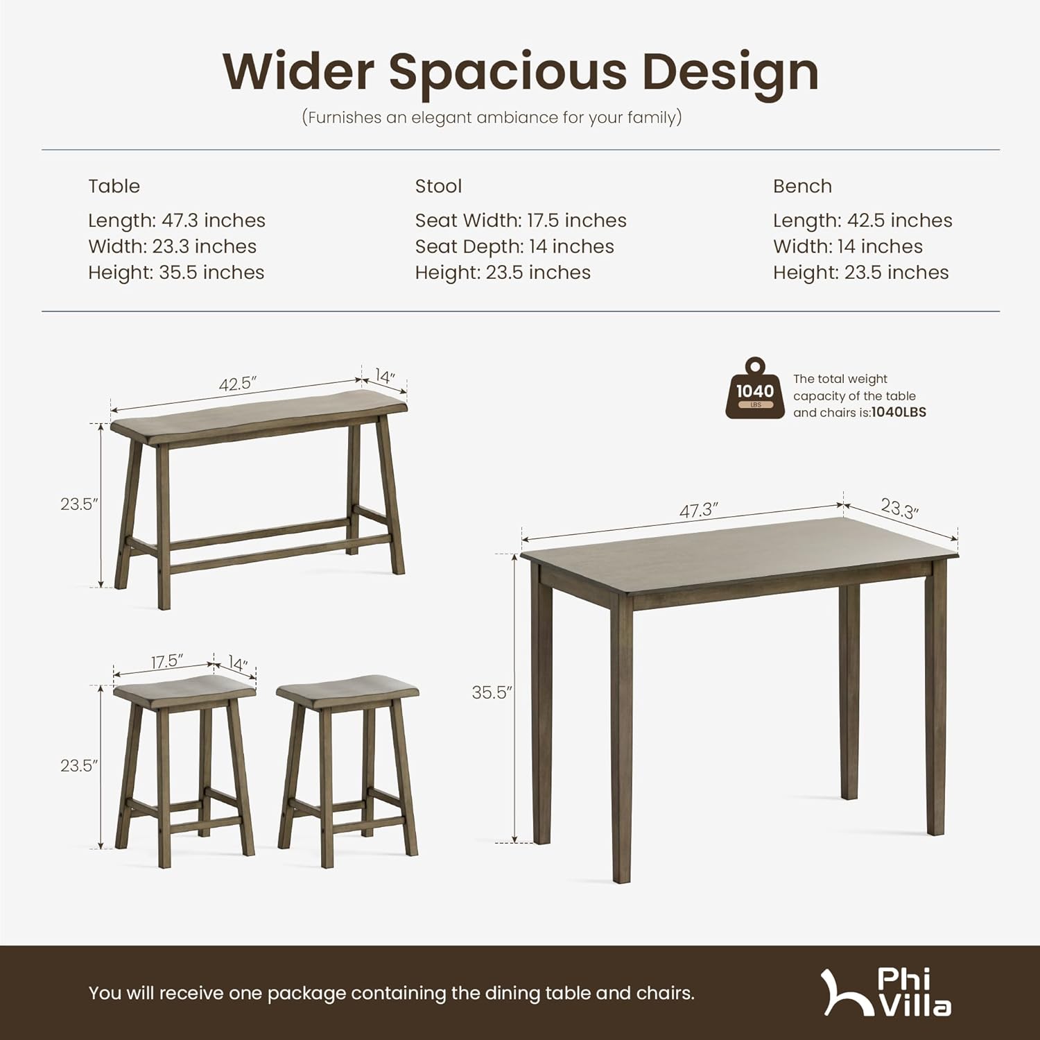 PHI VILLA Farmhouse Dining Table Set for 4 Small Space, Counter Height Table and Chairs with Bench, Rustic Solid Wood High Top Kitchen Table Set for Dining Room and Kitchen, Smoky Brown