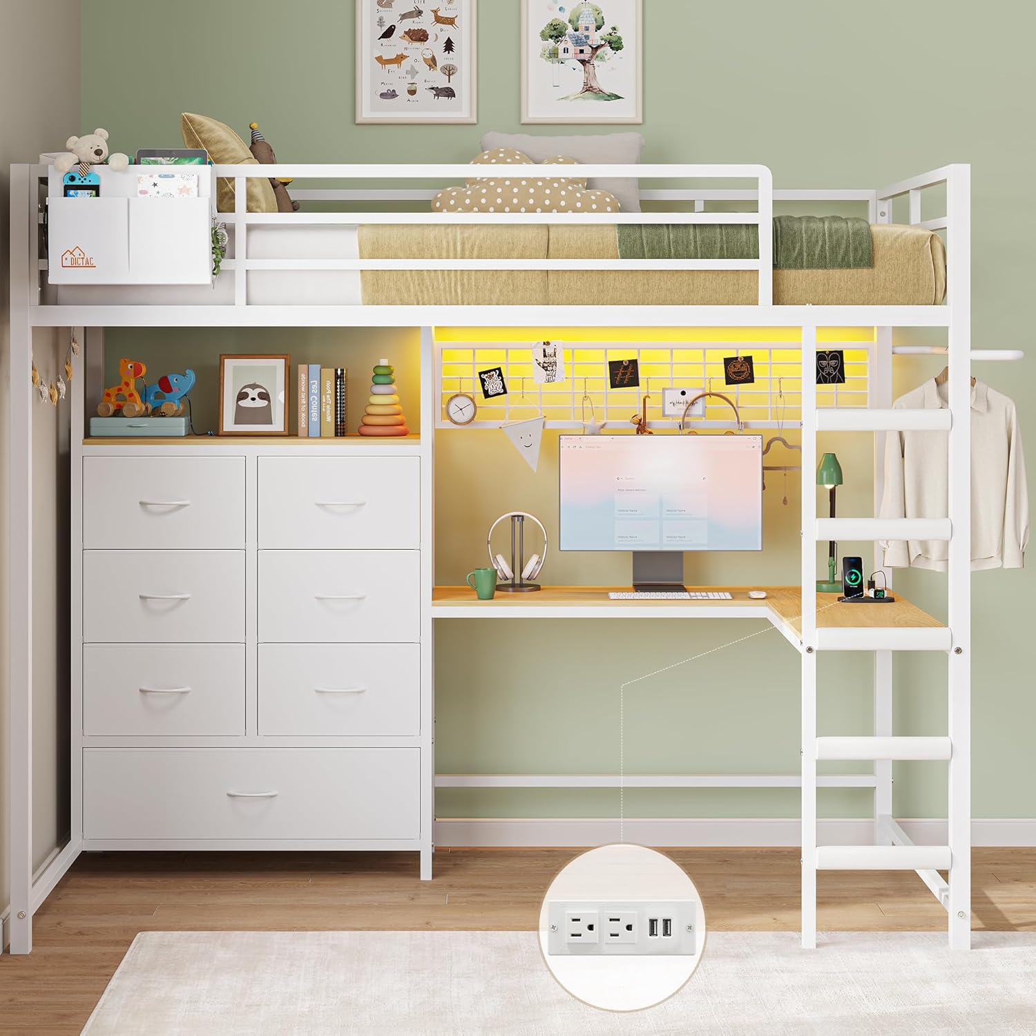 DICTAC Twin Size Loft Bed with L-Shaped Desk and 7 Storage Drawers,Metal Twin Loft Bed for Kids with LED Lights and Charging Station,13.11 H Safety Guardrail and Ladder,No Box Spring Needed, White