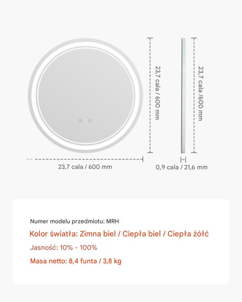 Okrągłe Lustro LED do Łazienki 60 cm z Podświetleniem i Funkcją Anti-Fog