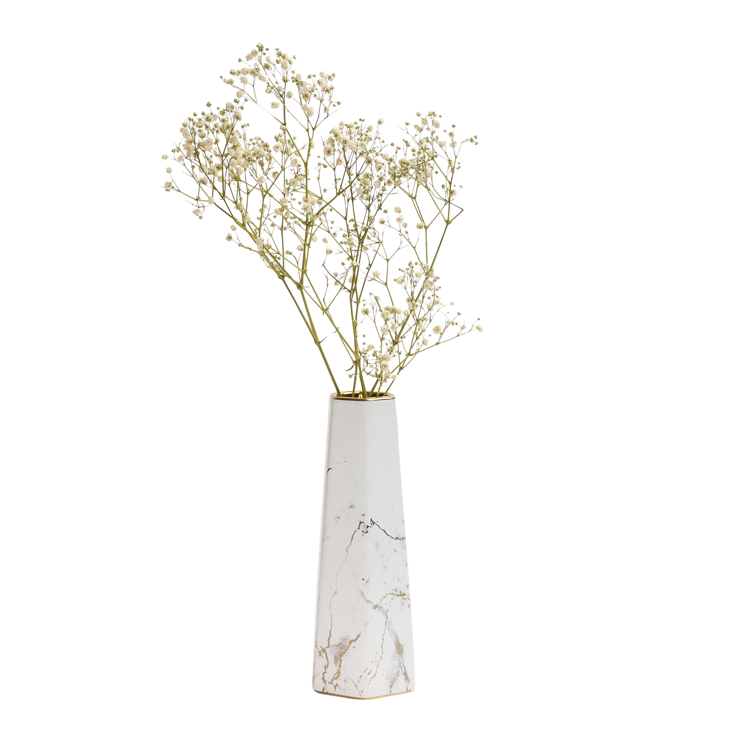 QUVIO Zeshoekige vaas, keramiek - Wit met goud marble look - S