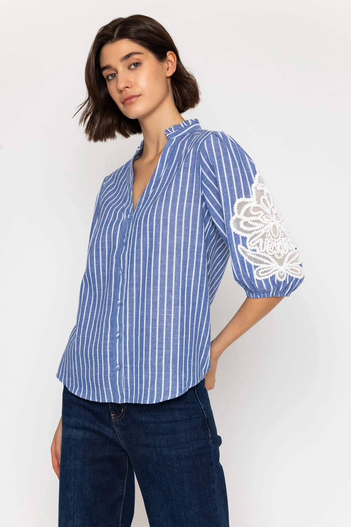 Cotton Blend Embroidered Shirt in Denim Blue