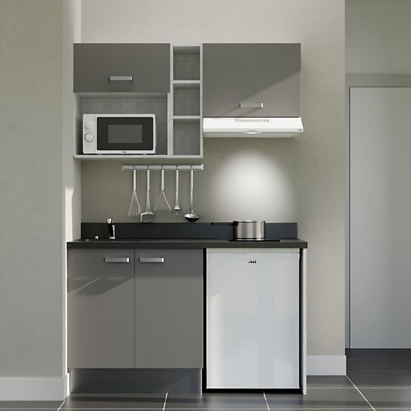 Kitchenette K13 - 140 cm - façades Gris - Plan monobloc en quartz coloris Nero évier à gauche - Electroménager Blanc