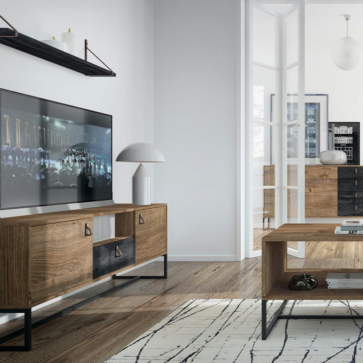 - Meuble tv 2 portes 1 tiroir 153 cm naturel et noir