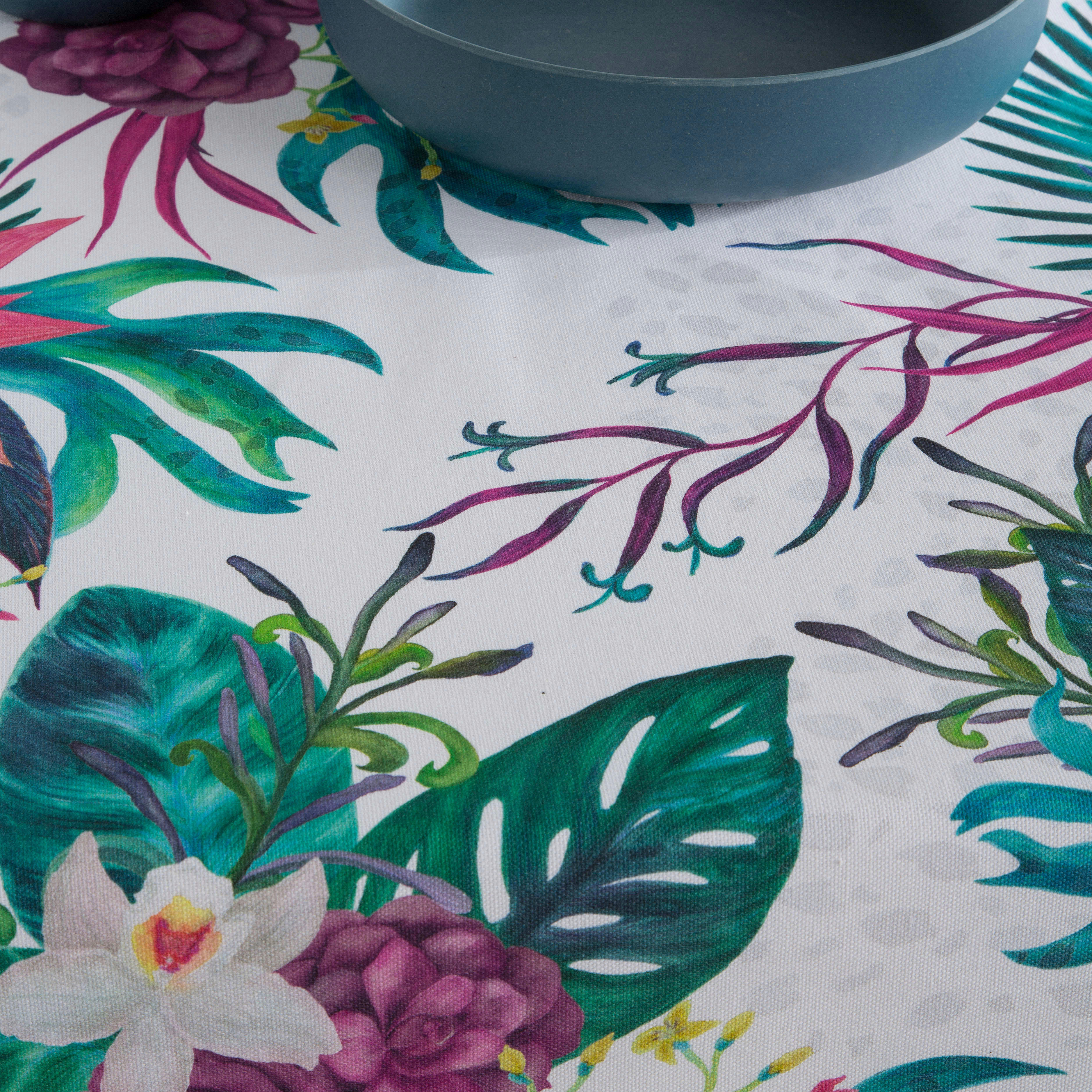 BAHAMAS MULTICOLOR - Nappe en coton biologique antitâche imprimée floral bleu 140x140 cm