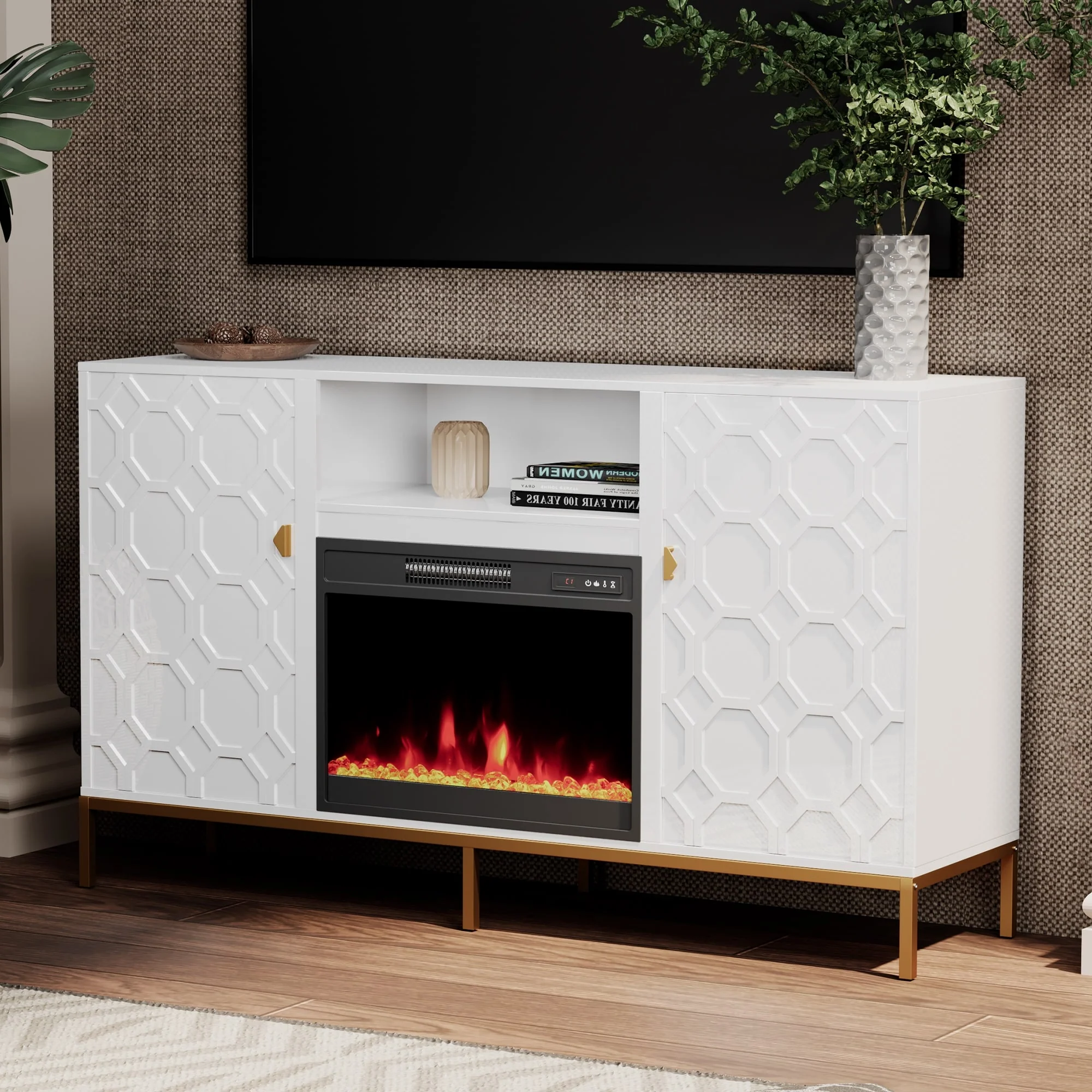 Clihome Glossy Storage Accent TV Stand with 23'' Electric Fireplace