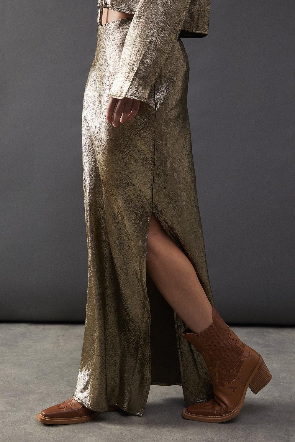 Warehouse Metallic Satin Bias Maxi Skirt
