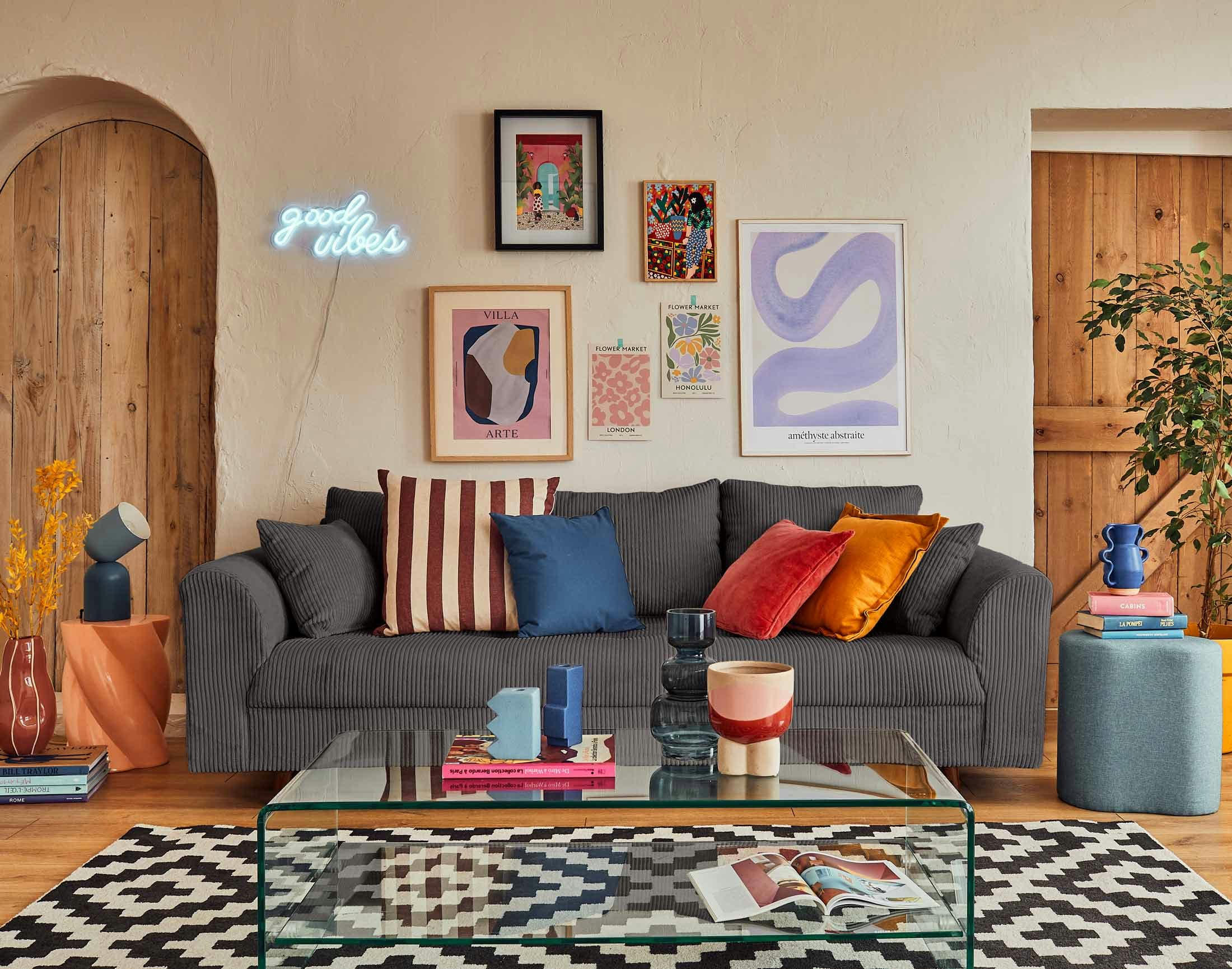 RUNE - Canapé droit 3 places en velours côtelé gris foncé