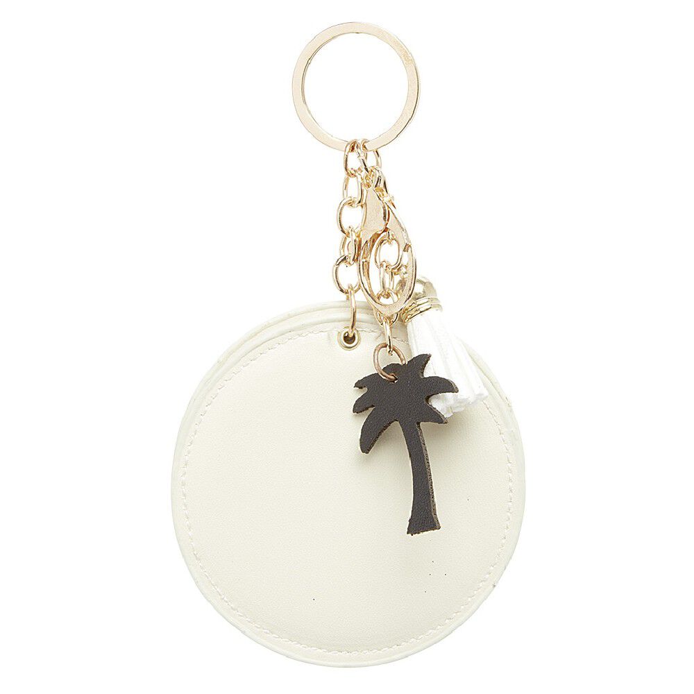 Porte-clé miroir décor palmier avec pompon rose ou beige