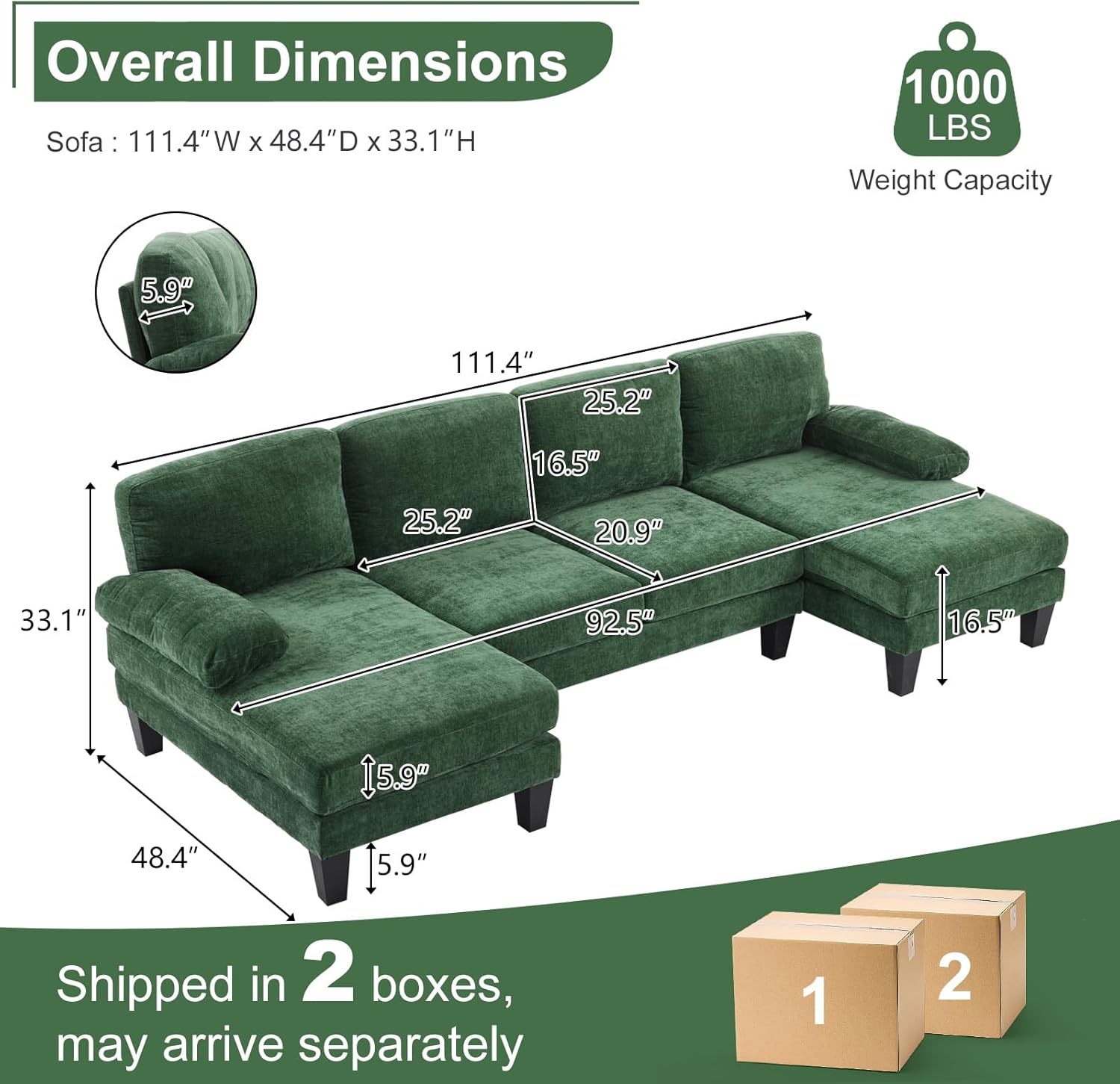 Karl home 111 Sectional Sofa U-Shaped 4-Seat Couch with Chaises Wood Grian Legs Chenille Fabric Upholstered for Living Room, Apartment, Office, Green