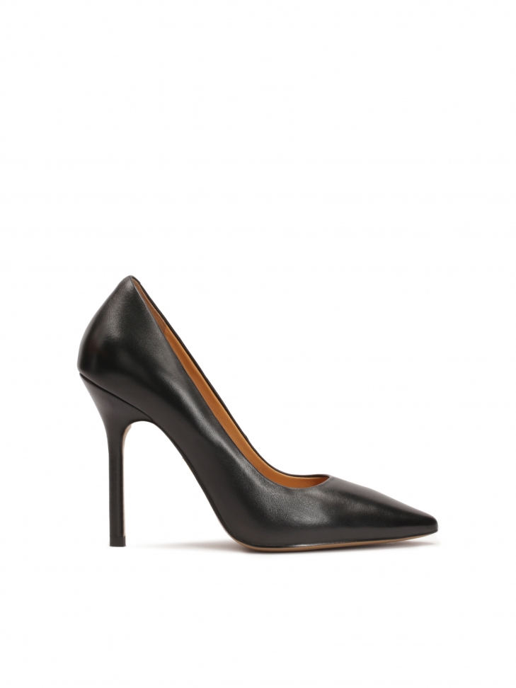Black leather pumps on a thin stiletto heel
