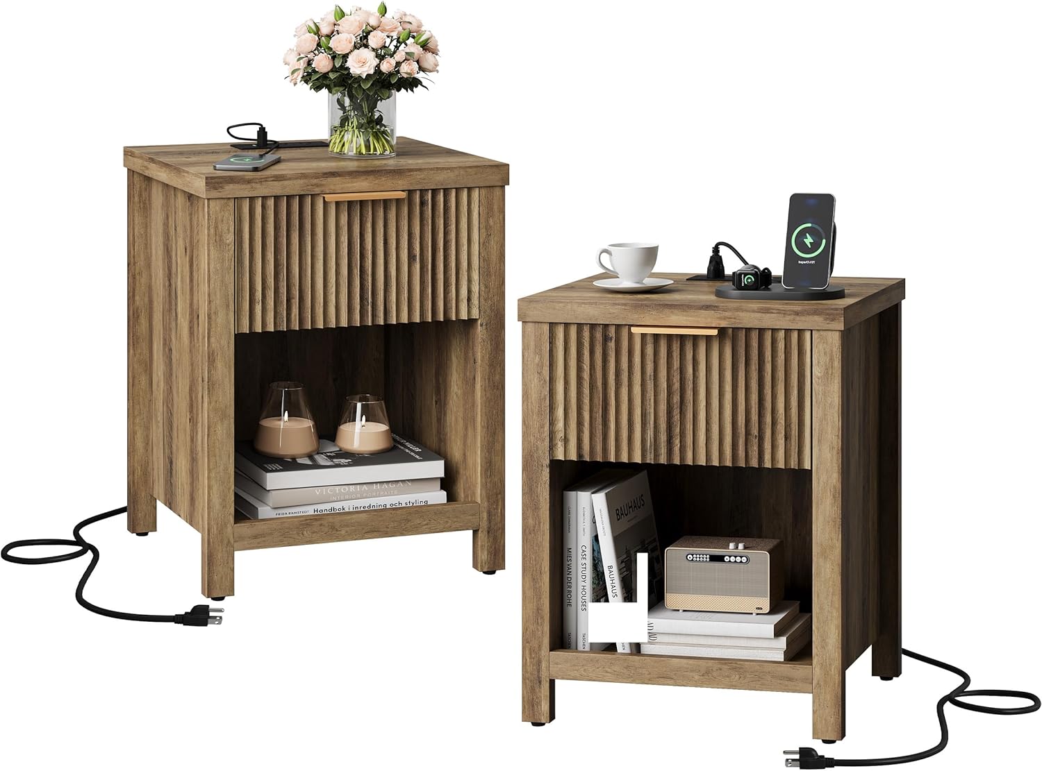 Fluted Nightstands with Charging Station Set of 2, Brooklyn Night Stand with Drawers, Modern Beside Table with Storage End Table for Bedroom Living Room (2, Brown with Charging Station) BNS101DRE-2