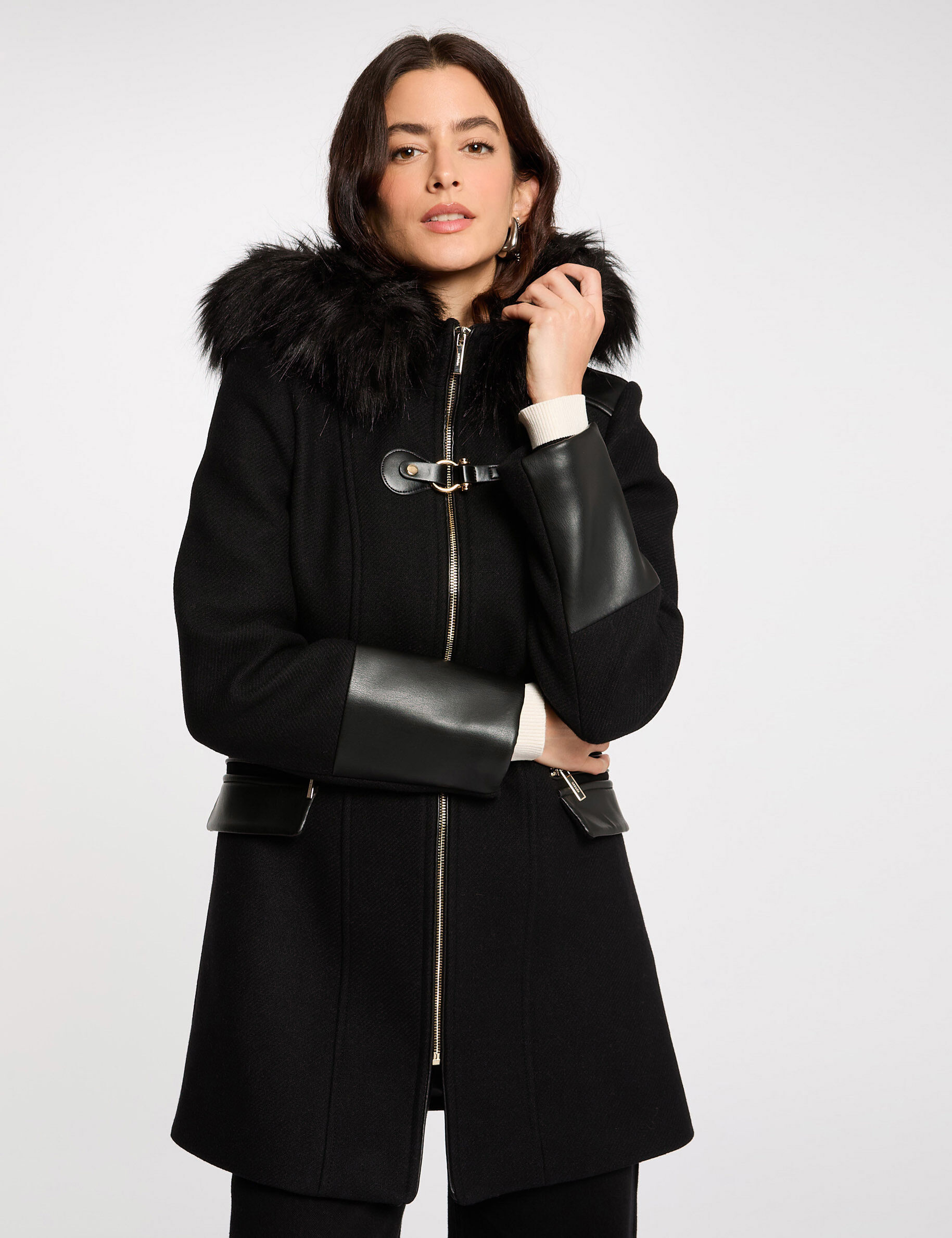 Straight Zipped Coat With Hood Black Women