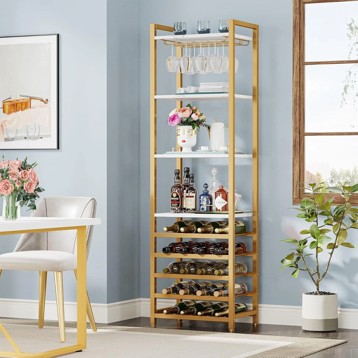 20 Bottle Freestanding Floor Wine Rack, 9 Tier Floor Liquor Cabinet with Glass Holder and Storage Shelves