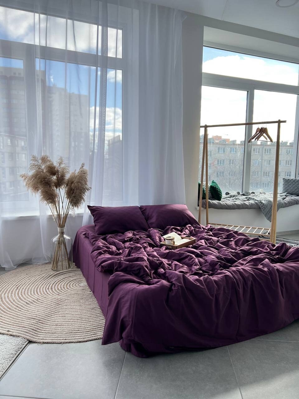 Plum Satin 100% Cotton Bedding Set - 4 Pieces for Queen or King Beds, Custom Sizes Available!