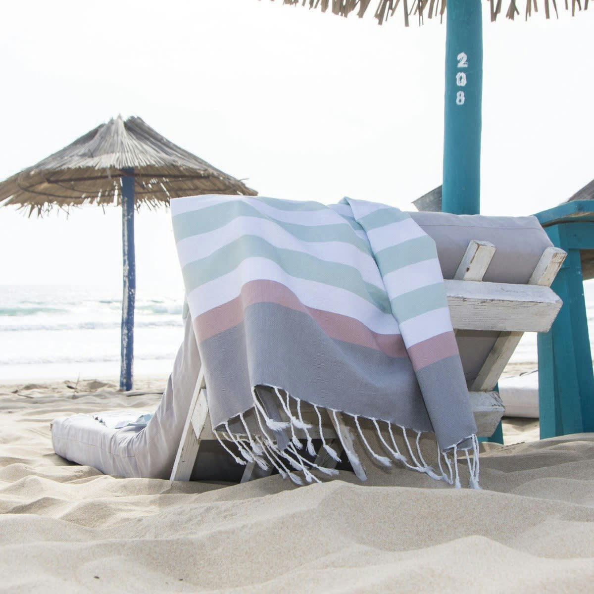 ARCACHON - Fouta tricolore coton  100x200 eau de nil / rose pale