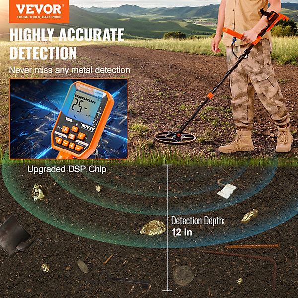Détecteur métaux pro bobine 30,5 cm, rechargeable, écran LCD IP68, 7 modes, écouteurs Bluetooth.