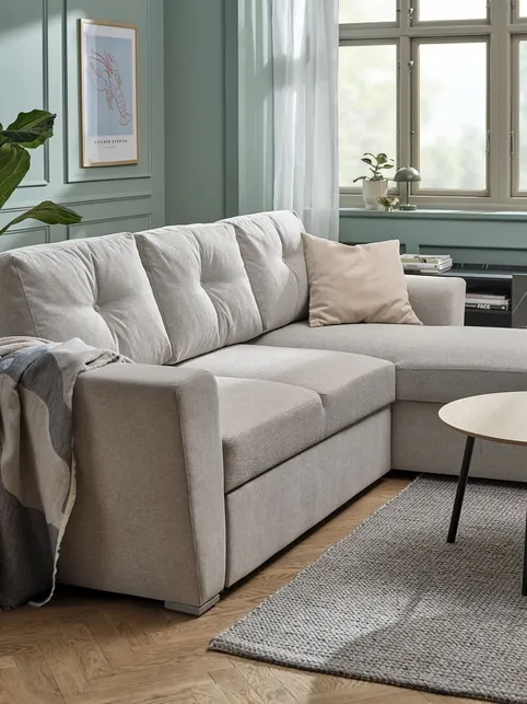 Sovesofa chaiselong VEJLBY lyst sandfarvet stof