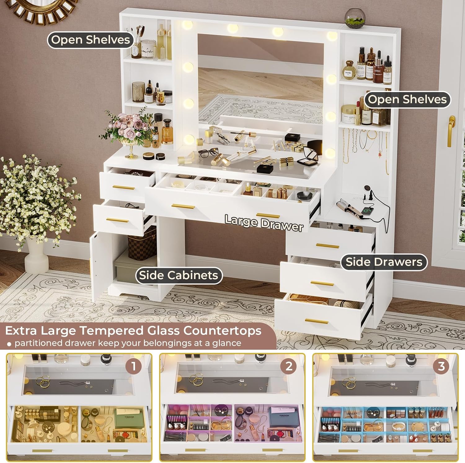 Hasuit 48.8'' Large Vanity Desk with Lighted Mirror & Power Outlet, White Makeup Vanity Table with 6 Drawers, 4 Shelves and 1 Storage Cabinet, Glass Tabletop Bedroom Dressing Table, 3 Lighting Modes