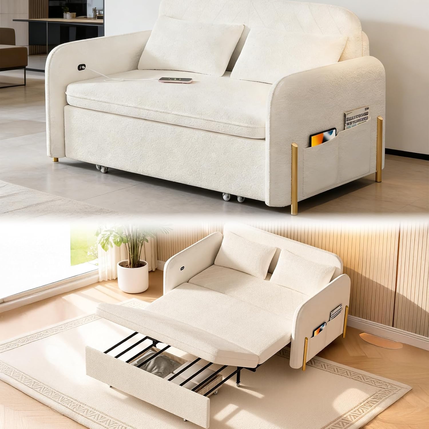 3-In-1 Convertible Sofa Bed with USB Ports, Pull Out Couch for Living Room Teddy Suede Fabric, Loveseat Sleeper Sofa with Side Pockets, 2 Pillows, Hide a Bed Couches for Small Spaces（US Fast Arrival）
