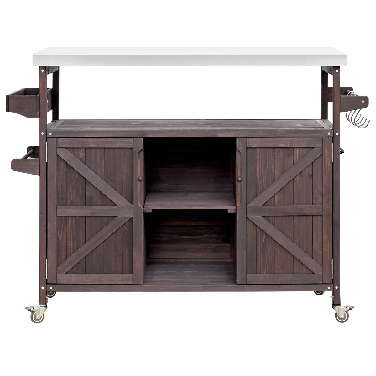 50.25 in. Farmhouse Solid Wood Outdoor Kitchen Island Grill Cart with Stainless Steel Top