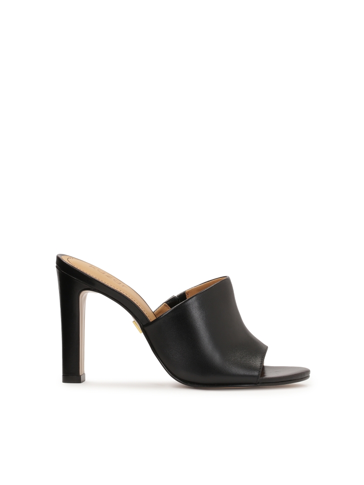 Black heeled mules with wide strap