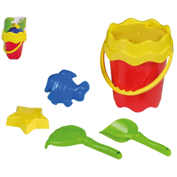 Spielzeug, Sandeimer-Set Strand, 6-tlg., Schaufel, Eimer, Harke, Sandformen, Sieb