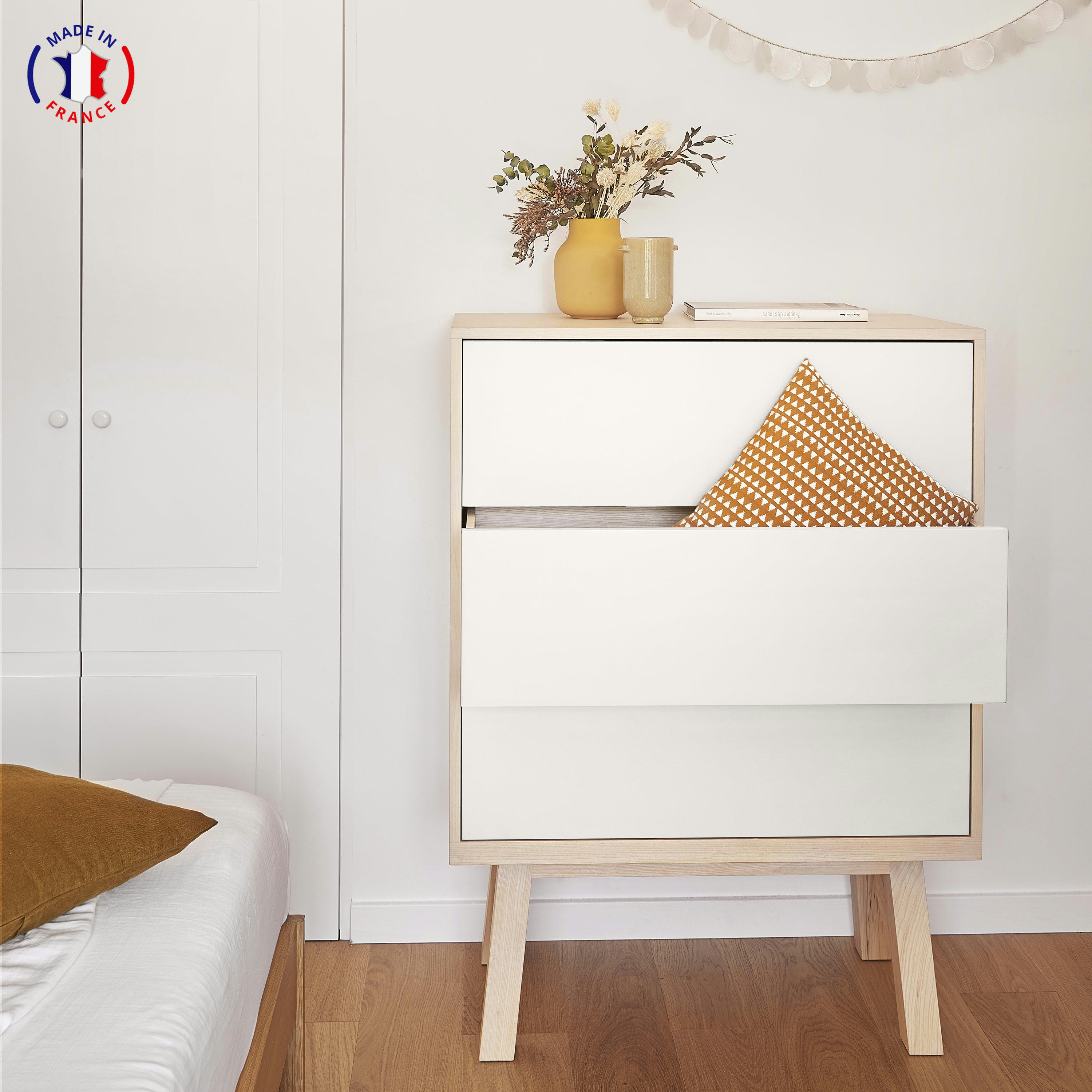 KUBE - Commode 3 tiroirs de 90 cm de large, en frêne