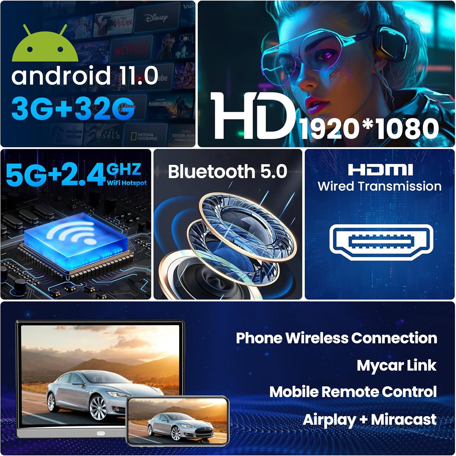 WONNIE 13.3 Inch Android Car TV with WiFi 5G - 4K Headrest Video Player for Back Seat  Portable TV Monitor Support Phone Link Bluetooth FM HDMI USB Airplay (3G Ram 32G ROM)
