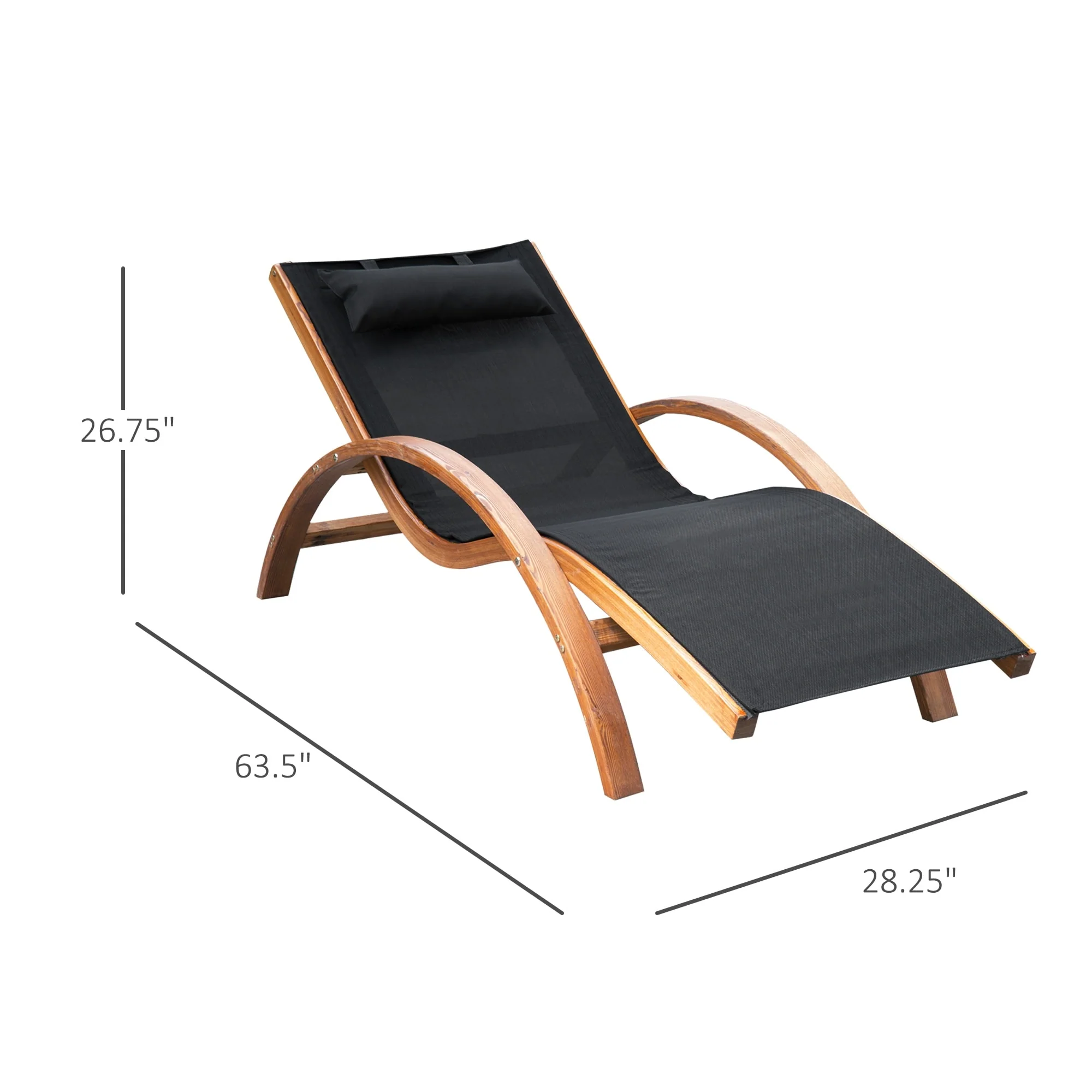 Outdoor Wooden Chaise Lounge Chair with Padded Headrest and Armrests for Patio Poolside Deck